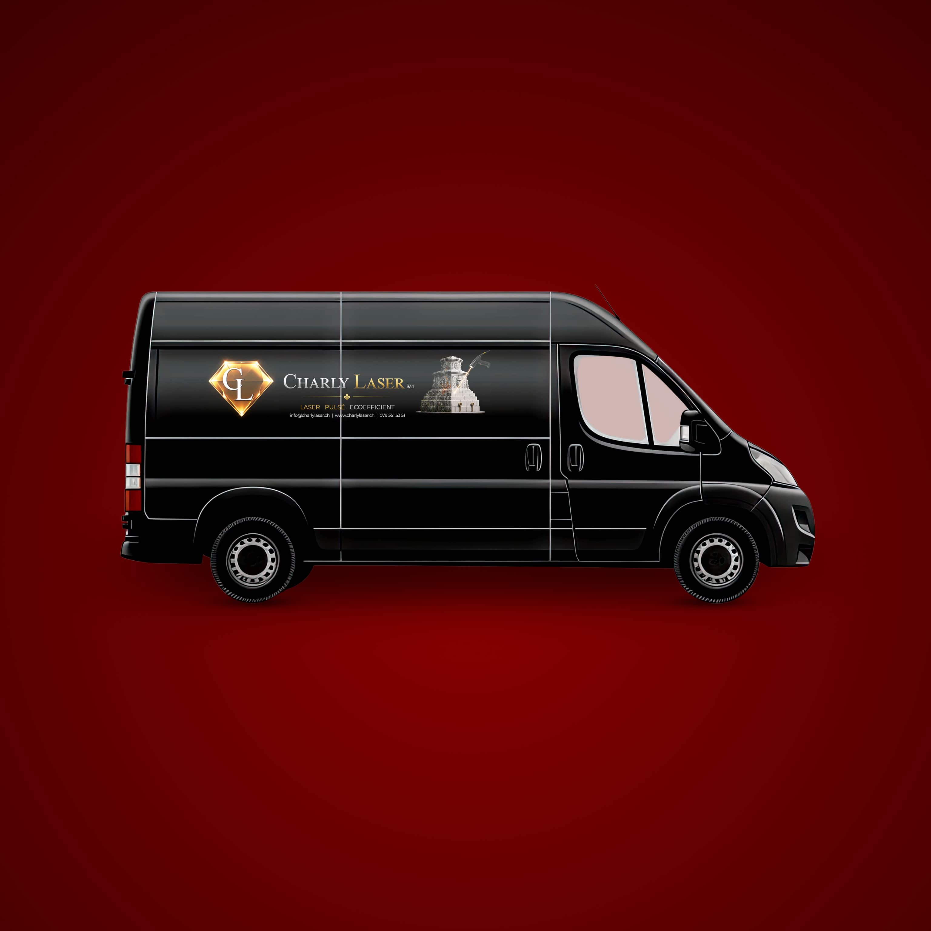 Custom logo and vehicle wrap design mocked up on a black commercial van by Motakabbir Hossan