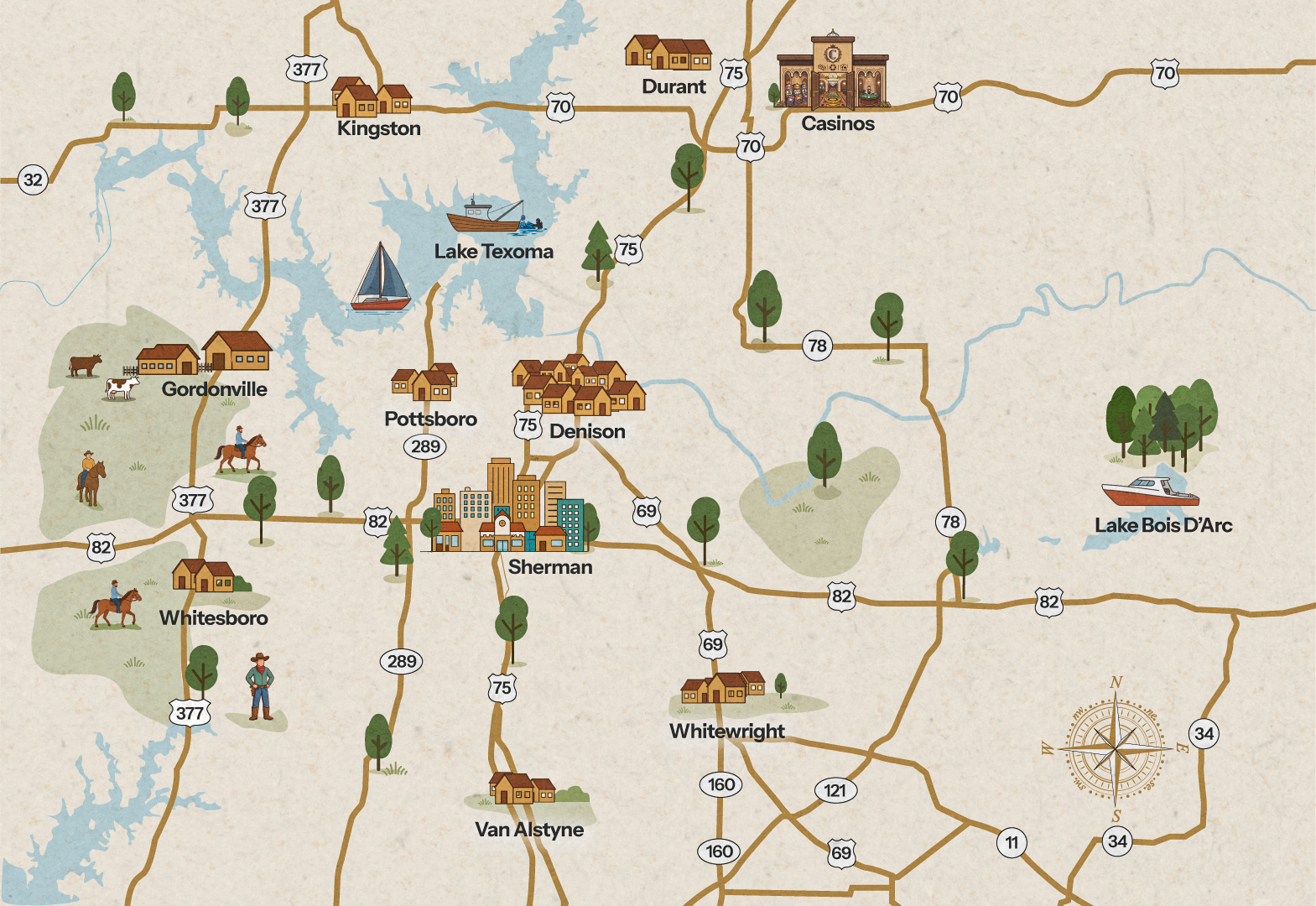 Final Map — V2 Final V2 illustrated service area map showing Lake Texoma, Lake Bois d'Arc, Sherman, Denison, Pottsboro, Kingston, Durant and Whitesboro with labeled US highways, ranch scenes, cattle and boats, custom map illustration by Motakabbir Hossan
